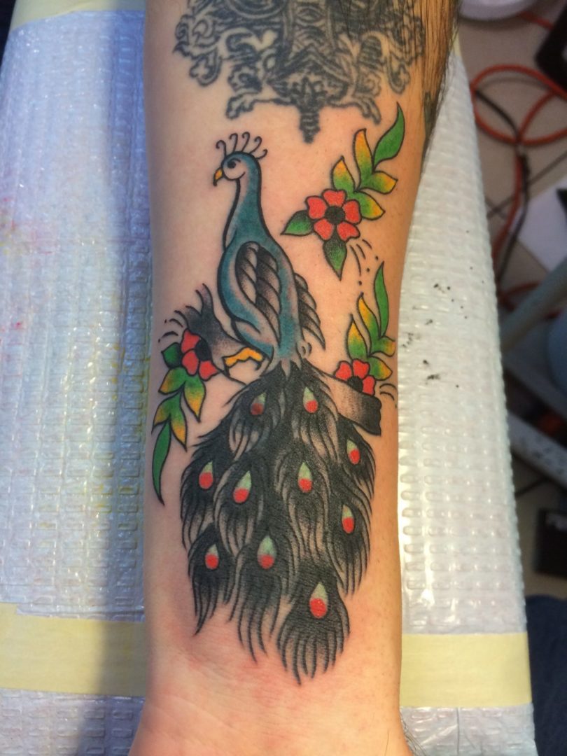 Peacock Works for a Cover Up Tattoo Design, Carl Hallowell